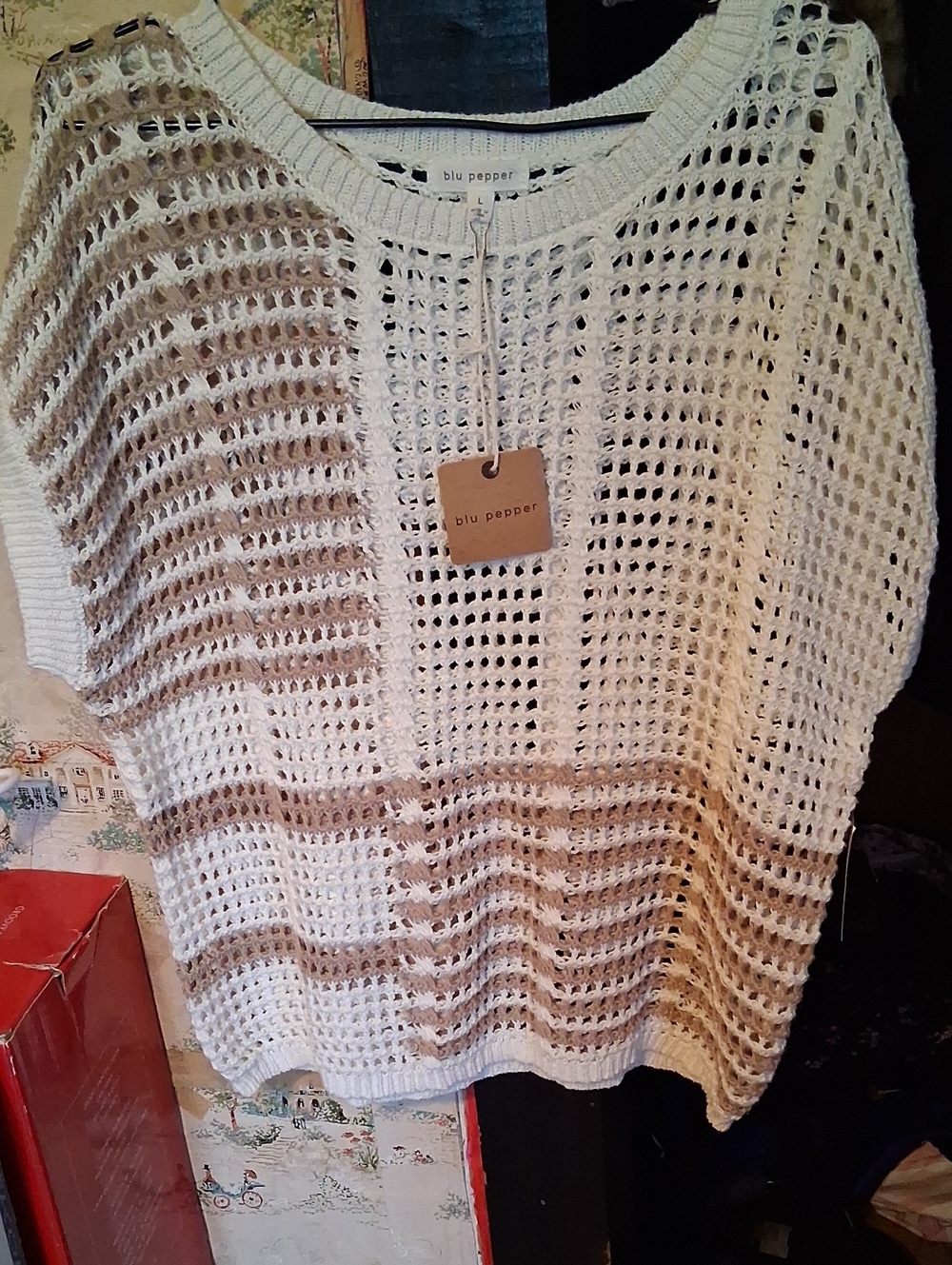 Blu Pepper Cream and Tan Open-Knit Women's Sweater